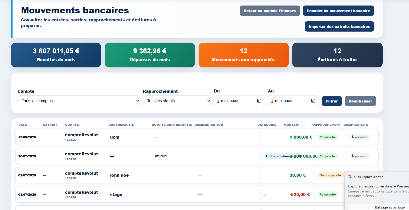 Mouvements bancaires dans Milo