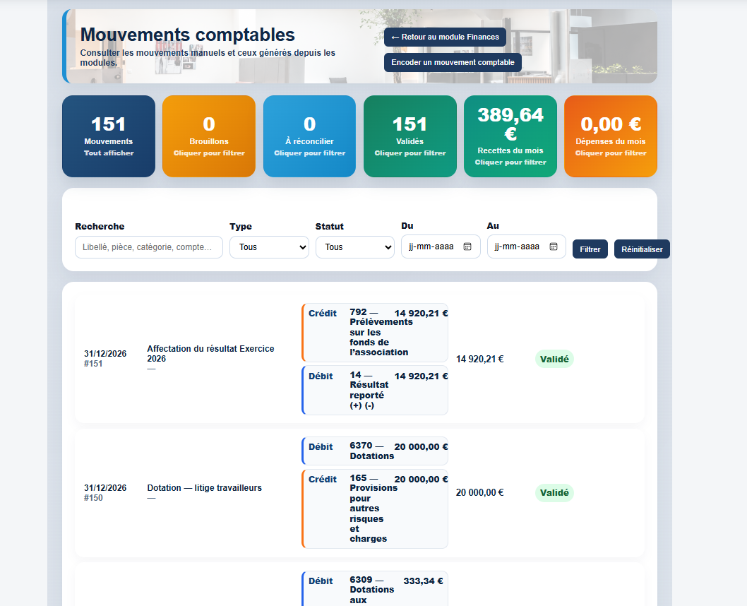 Mouvements comptables générés dans Milo