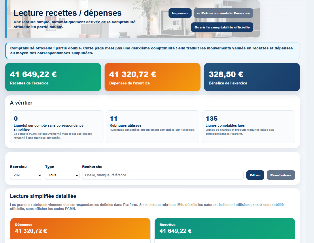 Comptabilité simplifiée dans Milo