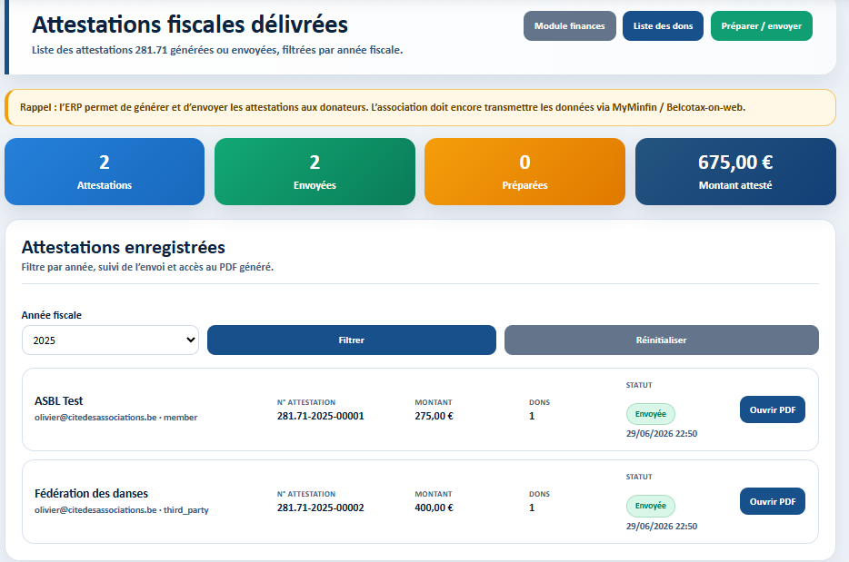 Attestations fiscales dans Milo