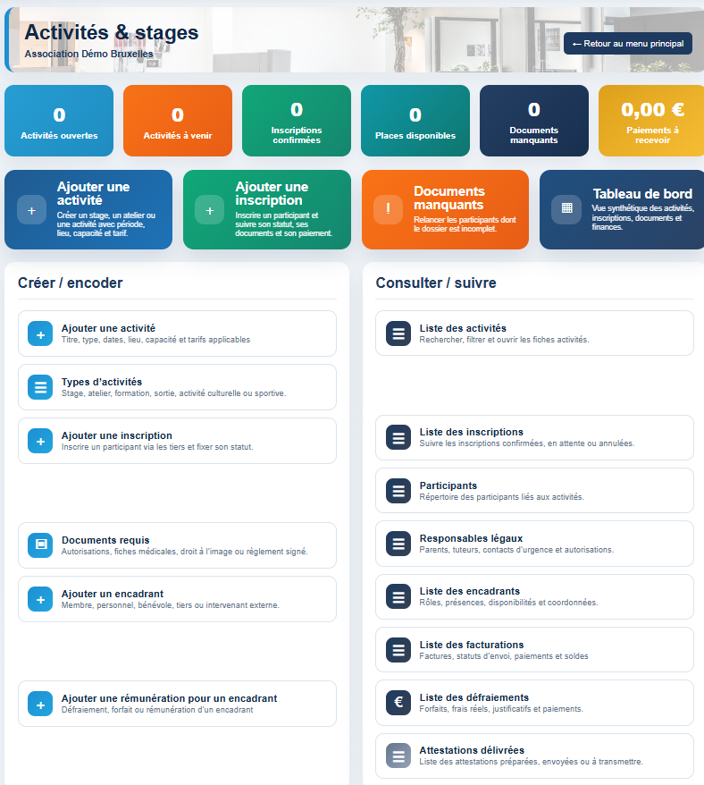 Tableau de bord Activités et stages dans Milo