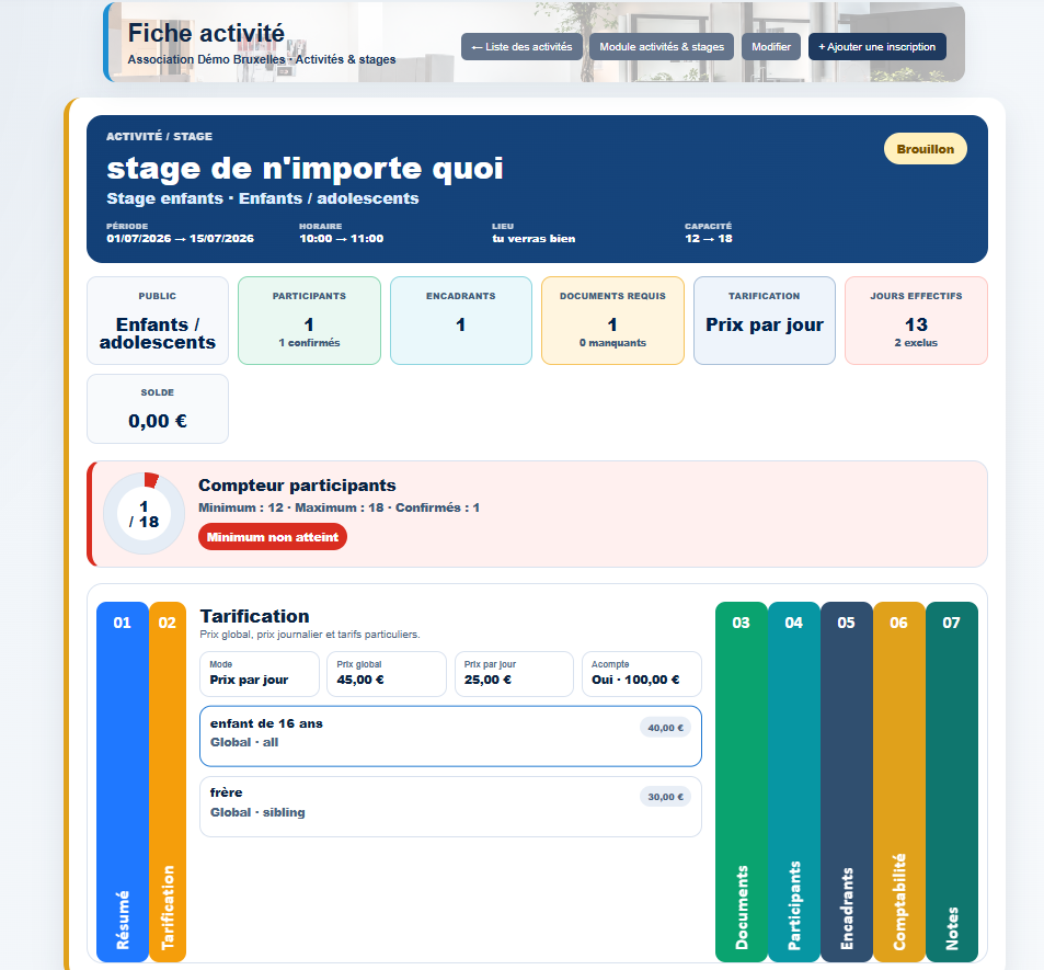 Tarification d’une activité dans Milo