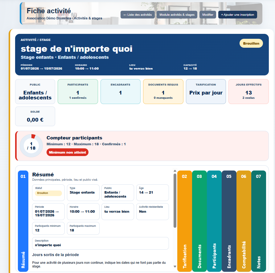 Fiche activité dans Milo