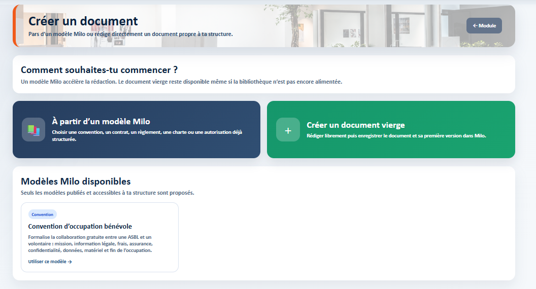 Choix d’un modèle de document dans Milo