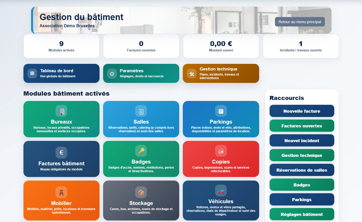Tableau de bord de gestion du bâtiment dans Milo