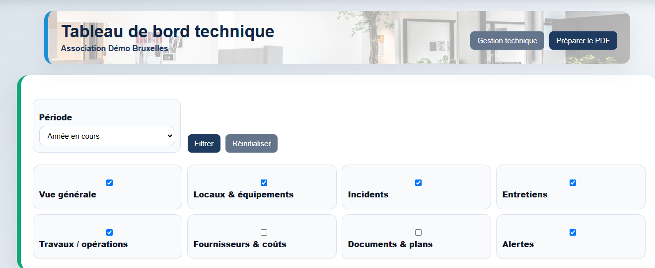 Paramétrage du tableau de bord technique
