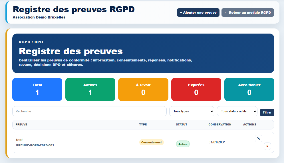 Registre des preuves