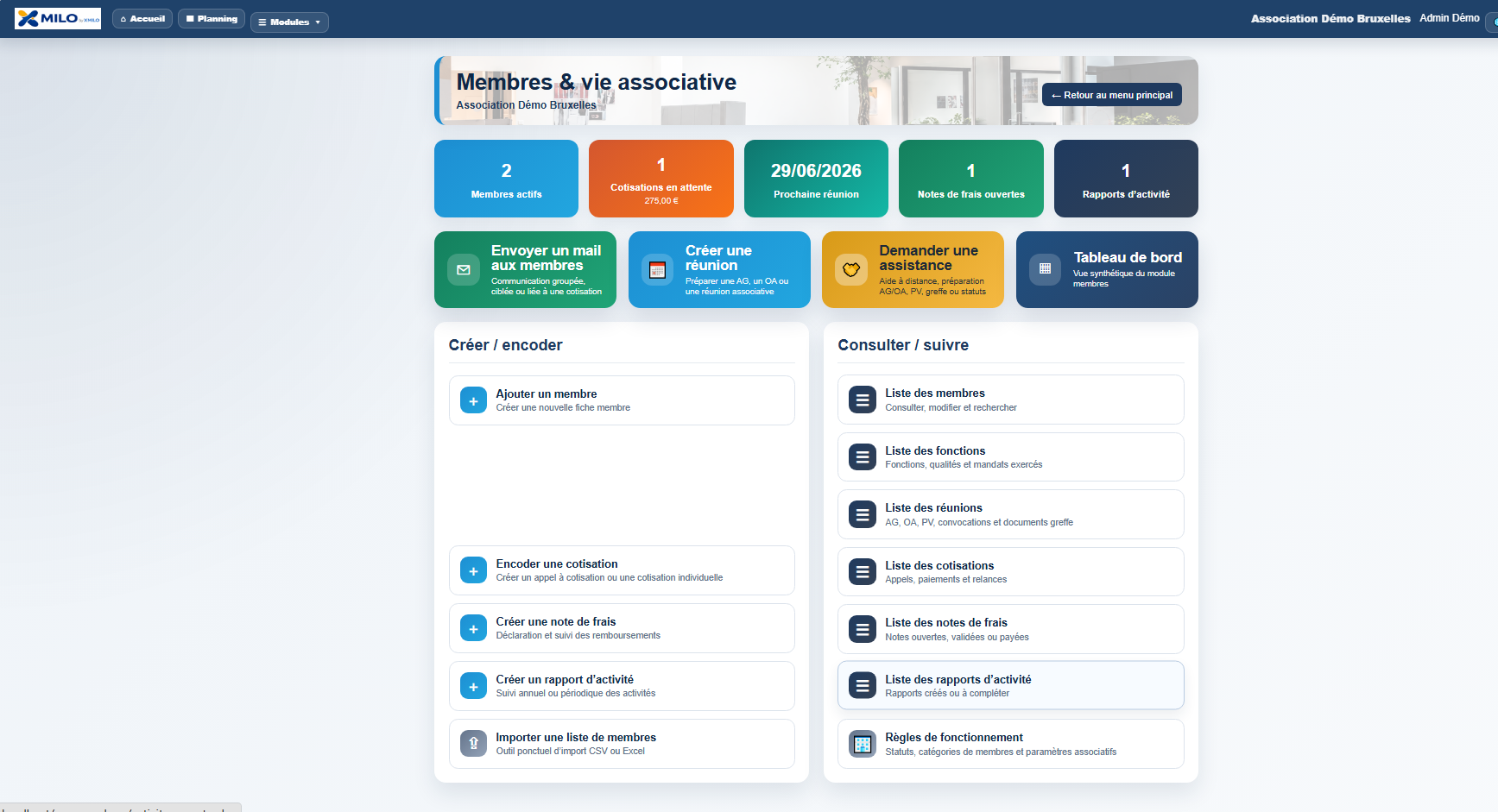 Le tableau de bord du module
