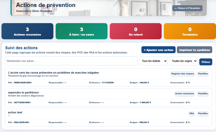 Liste des actions de prévention dans Milo