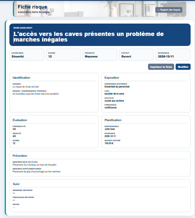 Fiche risque dans Milo