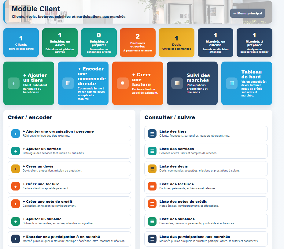 Clients, devis, factures et subsides
